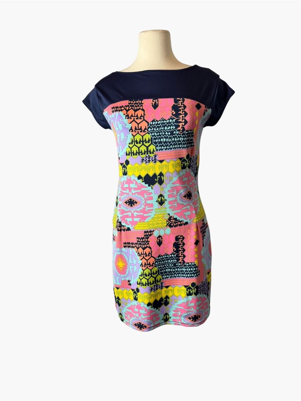 Tracy Negoshian Navy Multicolor Printed Cap-Sleeve Shift Dress